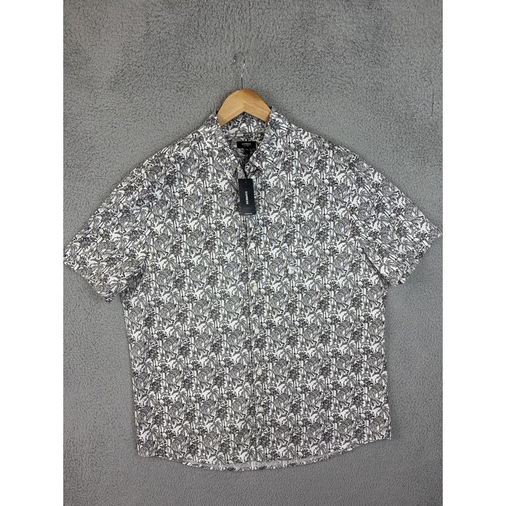 Express Shirt Mens Large White Tropical Safari Print Short Sleeve Button Casual